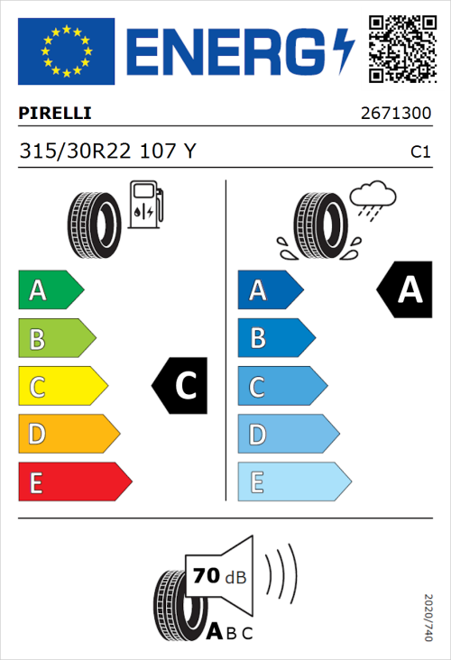 Tyre Label for Pirelli P Zero 315/30R22 107Y