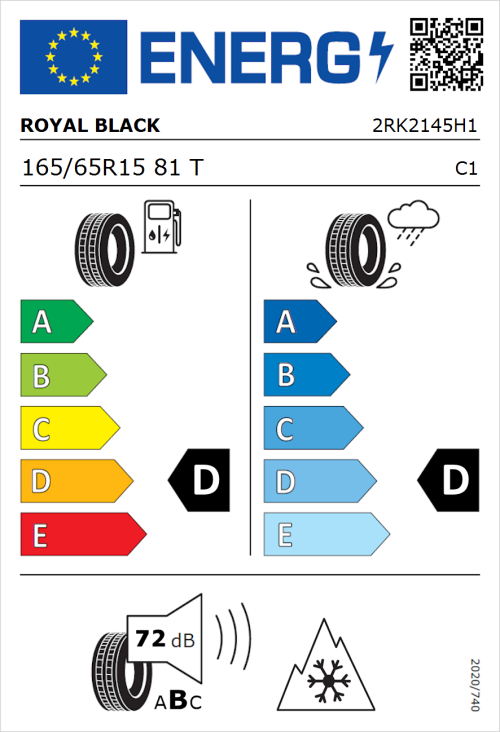 Tyre Label for Royal Black Winter HP 165/65R15 81T