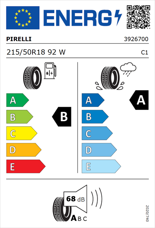 Tyre Label for Pirelli Powergy 215/50R18 92W