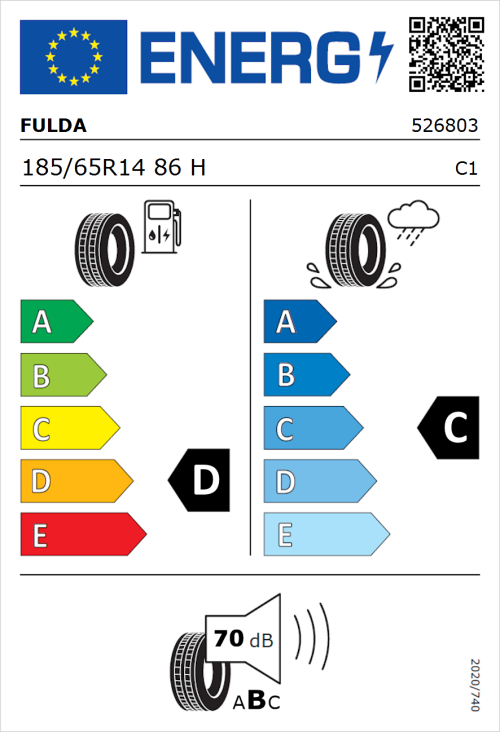 Tyre Label for Fulda EcoControl 185/65R14 86H