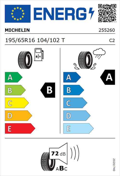 Tyre Label for Michelin Agilis 3 195/65R16 104/102T